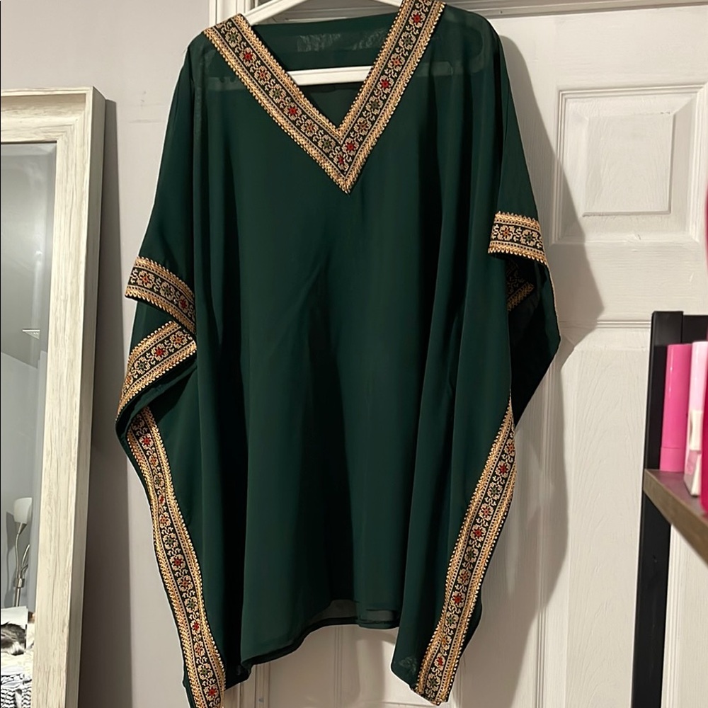 Dark Green Embellished V-Neck Kaftan Top